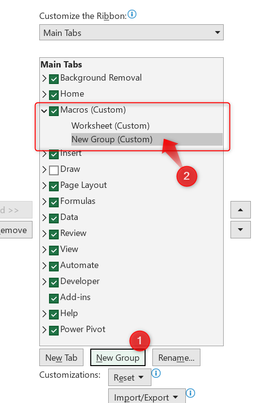 Steps to add more groups to one of the tabs in the Excel Ribbon.